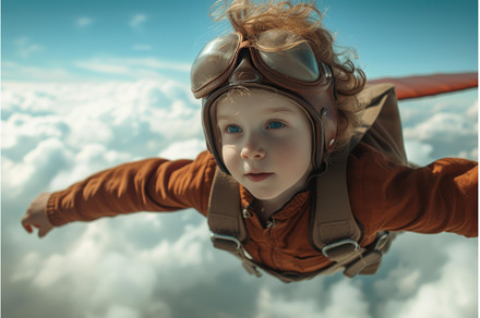 Child in aviator costume imagining, a Nature Photo by Ylivdesign