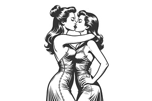 Two Women Kissing engraving vector, a Person Illustration by AlexArt