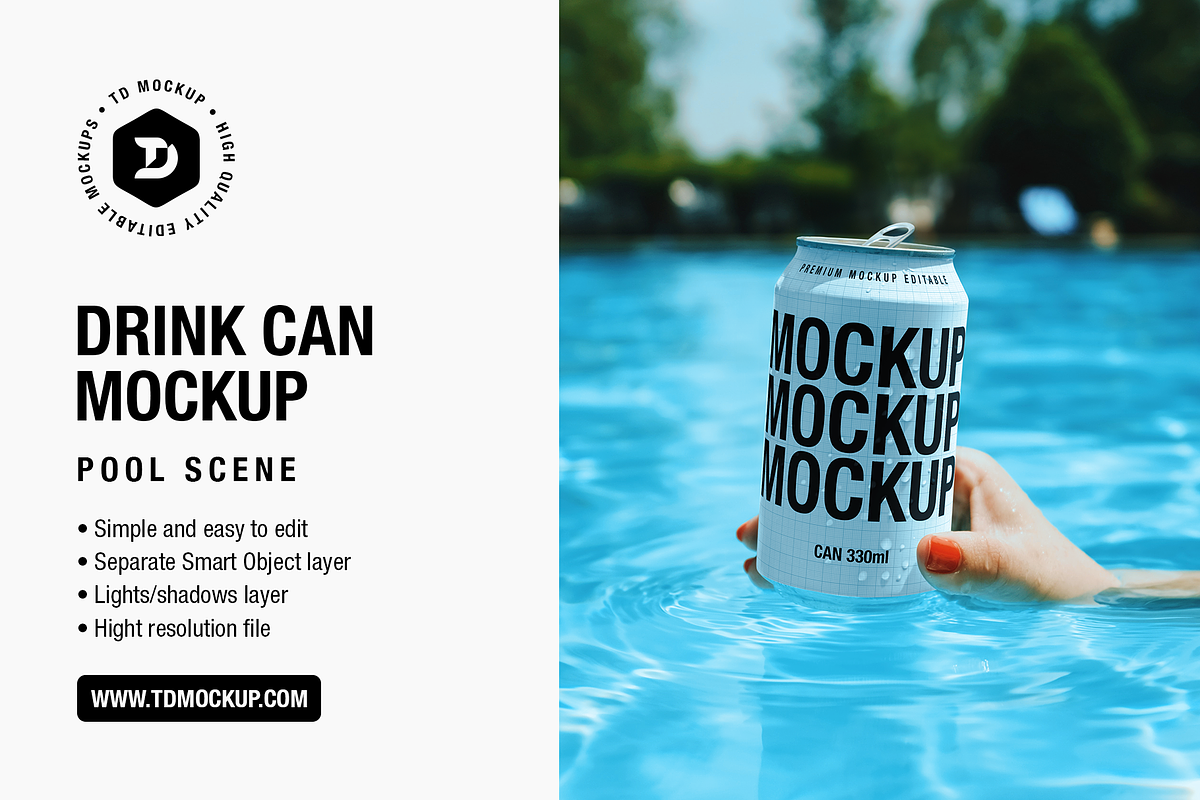 Drink Can Mockup - Pool Scene, a Packaging Mockup by TD Mockup (Photo 1 of 2)