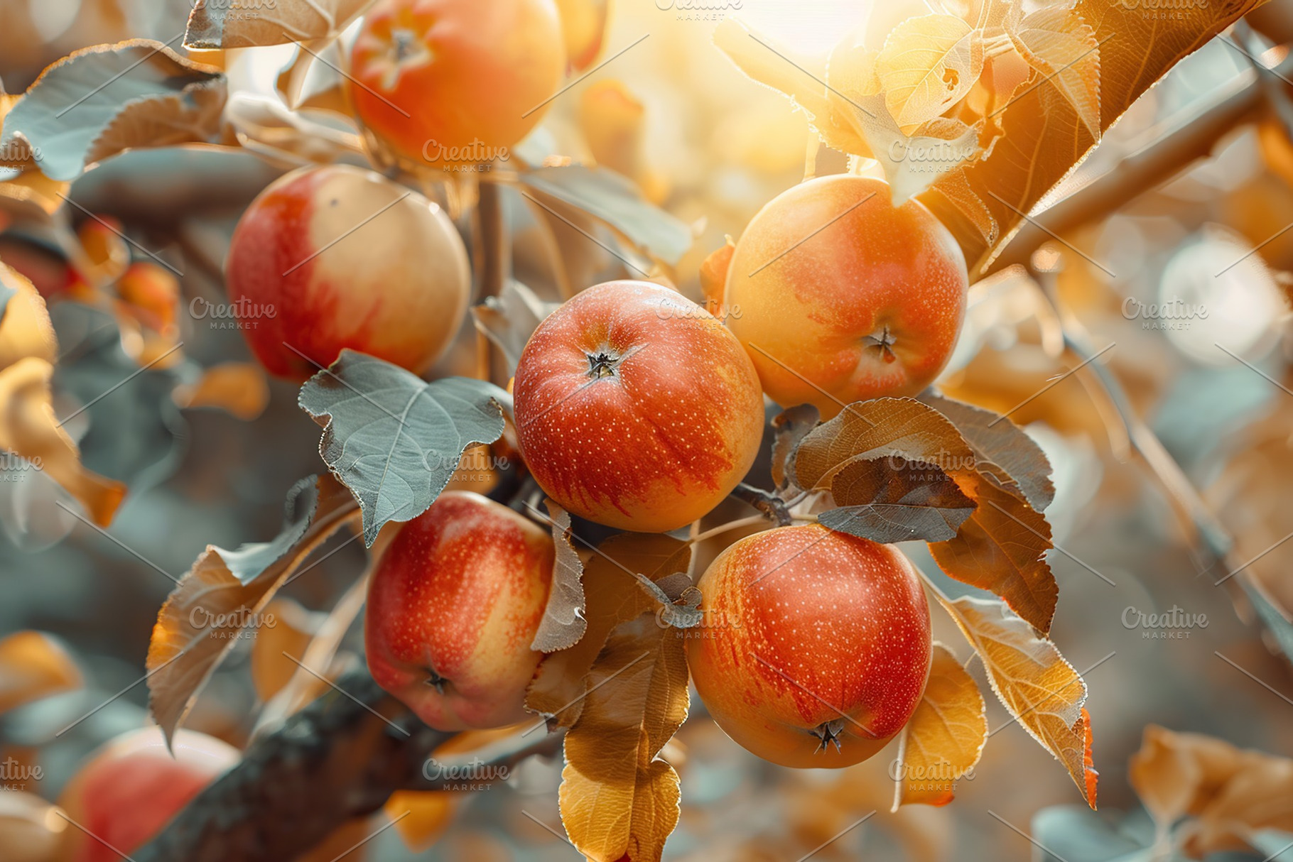 Ripe red apples hanging on branches on sunshine background, a Food & Drink Photo by AlyaAnd