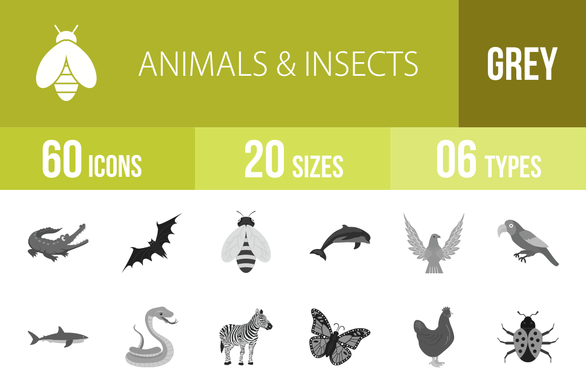 60 Animals  Insects Greyscale Icons by Iconbunny  Creative Market