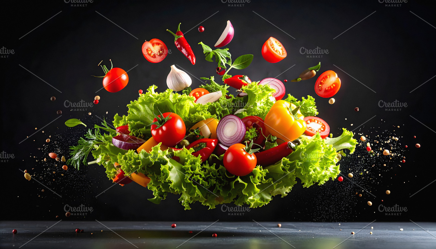 Fresh vegetables floating in air with vivid textures, a Food & Drink Photo by GoodGoods