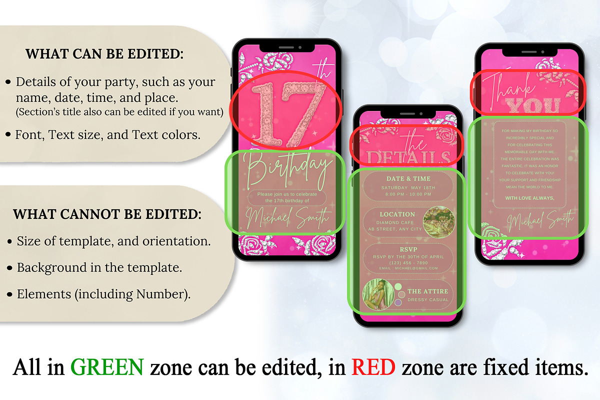 Editable Pink 17th BD Evite Template, an Invitation Template by V Design Creator (Photo 5 of 8)