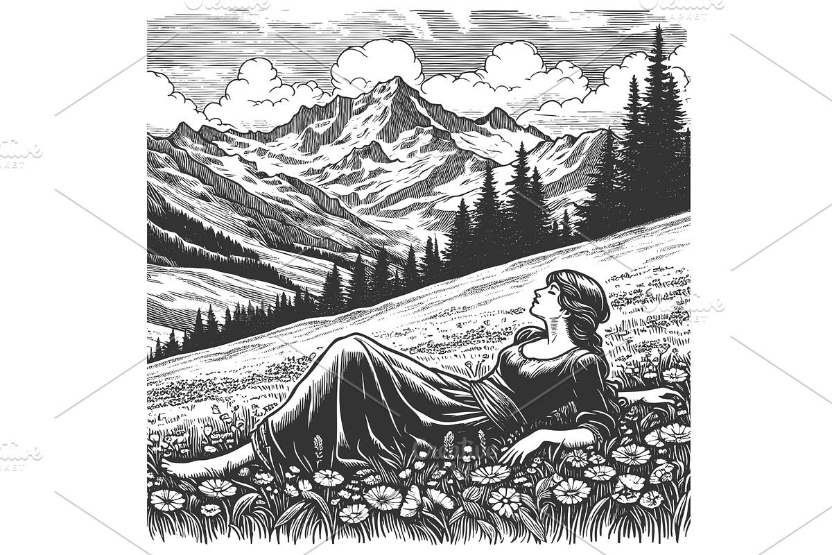 Woman Relaxing in Mountain Landscape, a Person Illustration by AlexArt