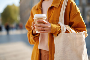 Holding a reusable coffee cup and cloth bag outdoors on a sunny day in an urban, a Food & Drink Photo by AlyaAnd