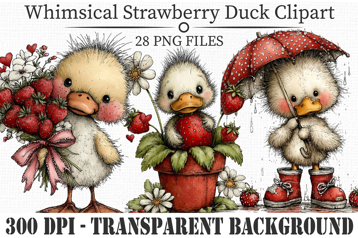 Whimsical Strawberry Duck Clipart, an Animal Illustration by Libby Wishes (Photo 1 of 5)