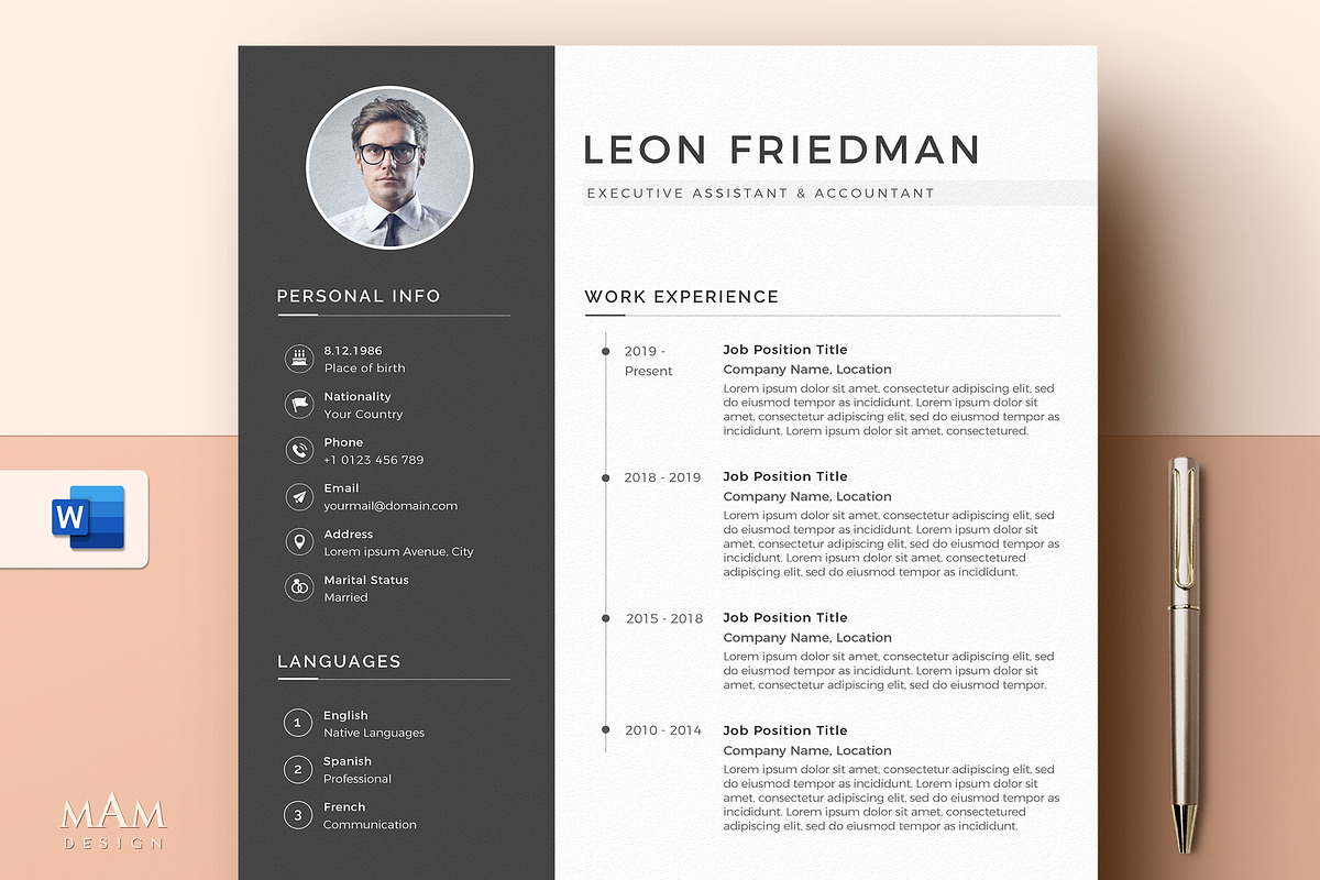 Modern Resume Template for Word, a Resume Template by MAM Design (Photo 1 of 10)