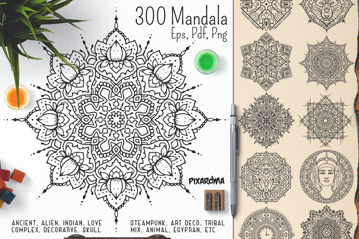 300 Vector Mandala Ornaments, a Decorative Illustration by pixaroma (Photo 1 of 49)