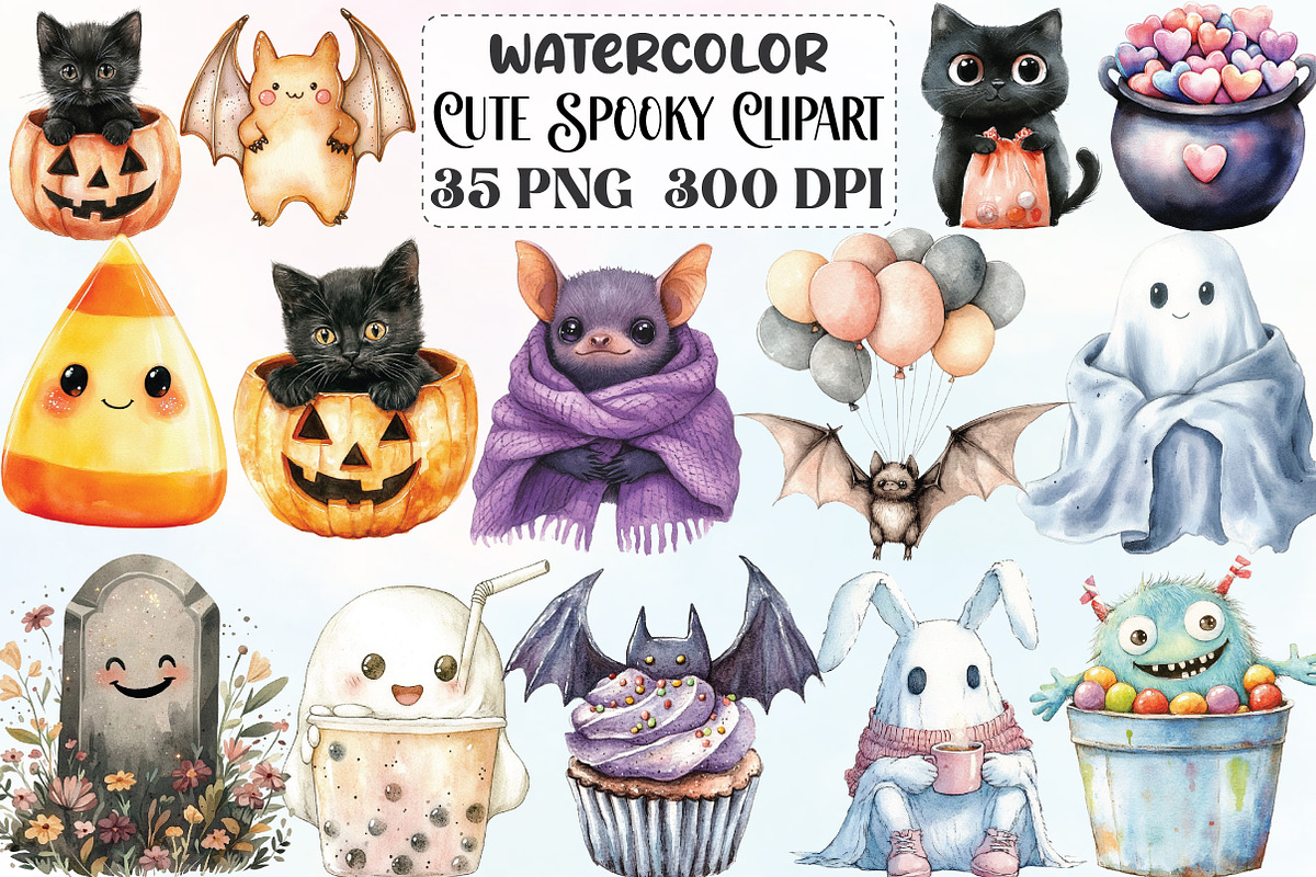 Watercolor Cute Spooky Clipart, an Illustration by CraftArtStudio (Photo 1 of 6)