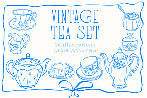 Vintage Tea Set line art, a Decorative Illustration by Carpet Tapete Pretzel