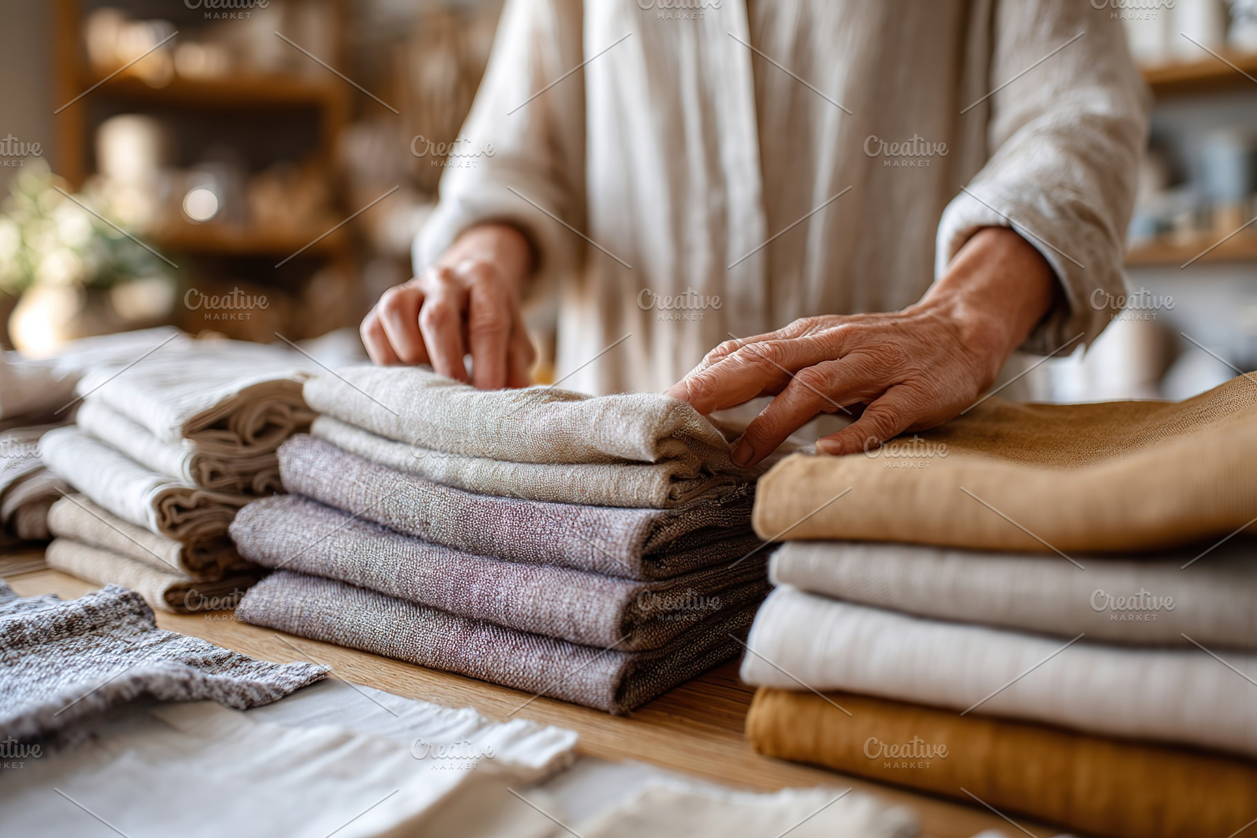 Designers arrange fabric and sketches in a fashion studio focused on natural ma, a Photo by AlyaAnd