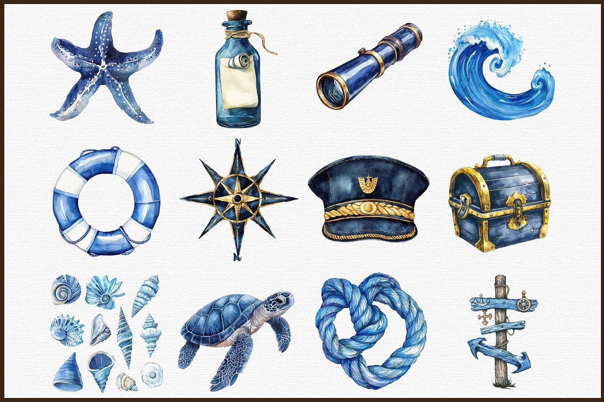 Watercolor Blue Nautical Clipart Bun, an Illustration by Sublimation Artist (Photo 3 of 6)