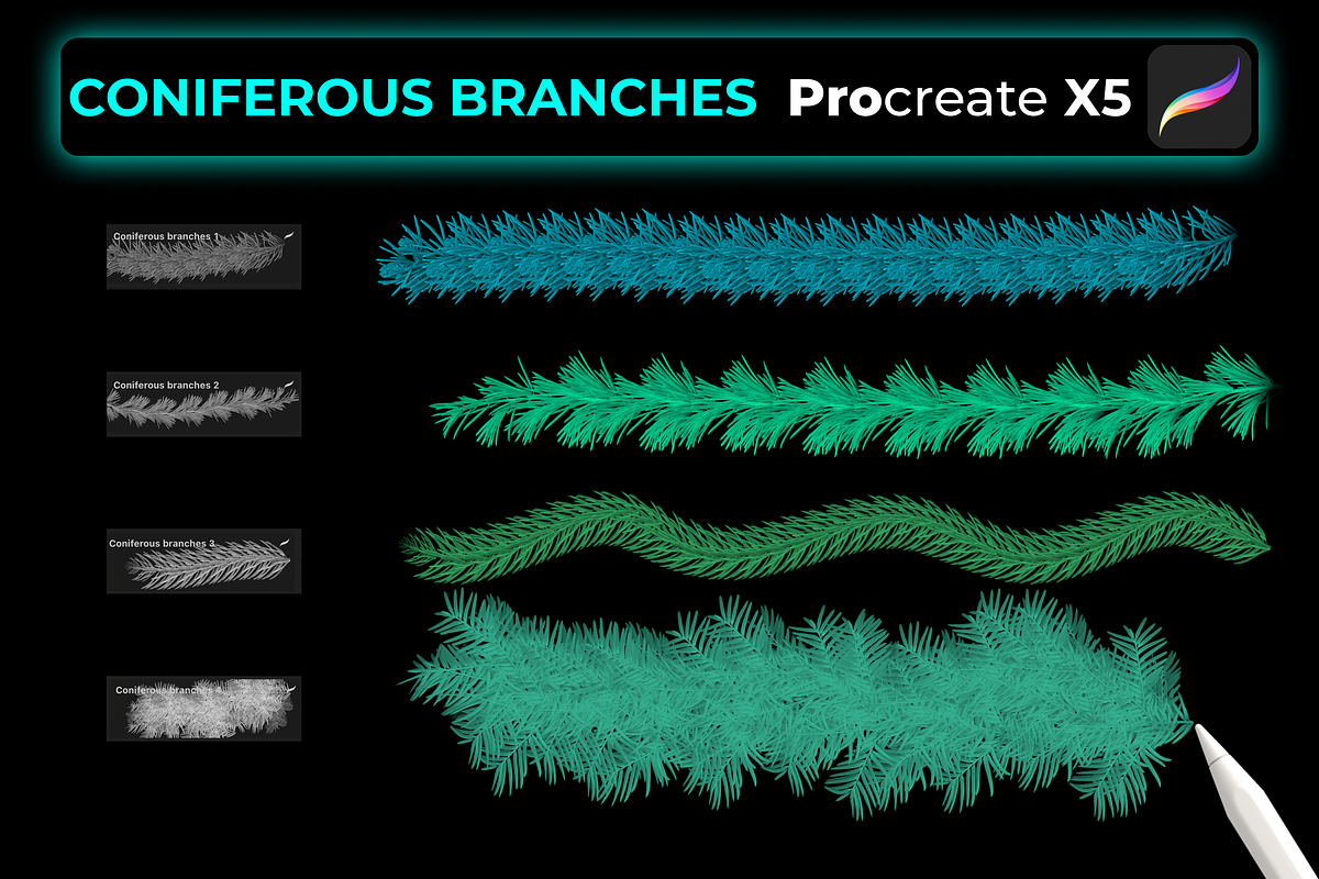 15 CONIFEROUS BRANCHES PROCREATE X5, a Brush Add-On by Graphics Resources (Photo 4 of 8)