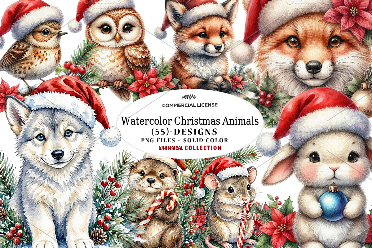 Watercolor Christmas Animals, a Seasonal Illustration by CreationArt (Photo 1 of 7)