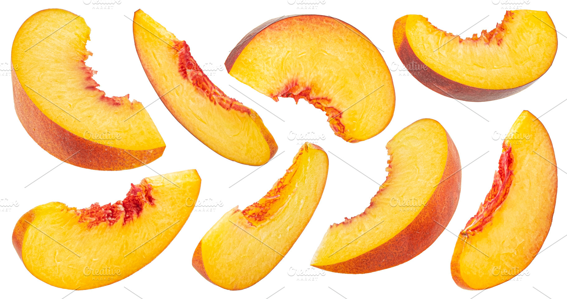 Peach slices isolated on white, a Photo by Max Lashcheuski
