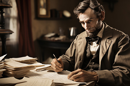 Abraham Lincoln (1809-1865) with documents in his office. Genera