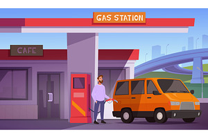 Fuel gas. People fill up cars with, a Transportation Illustration by Onyx