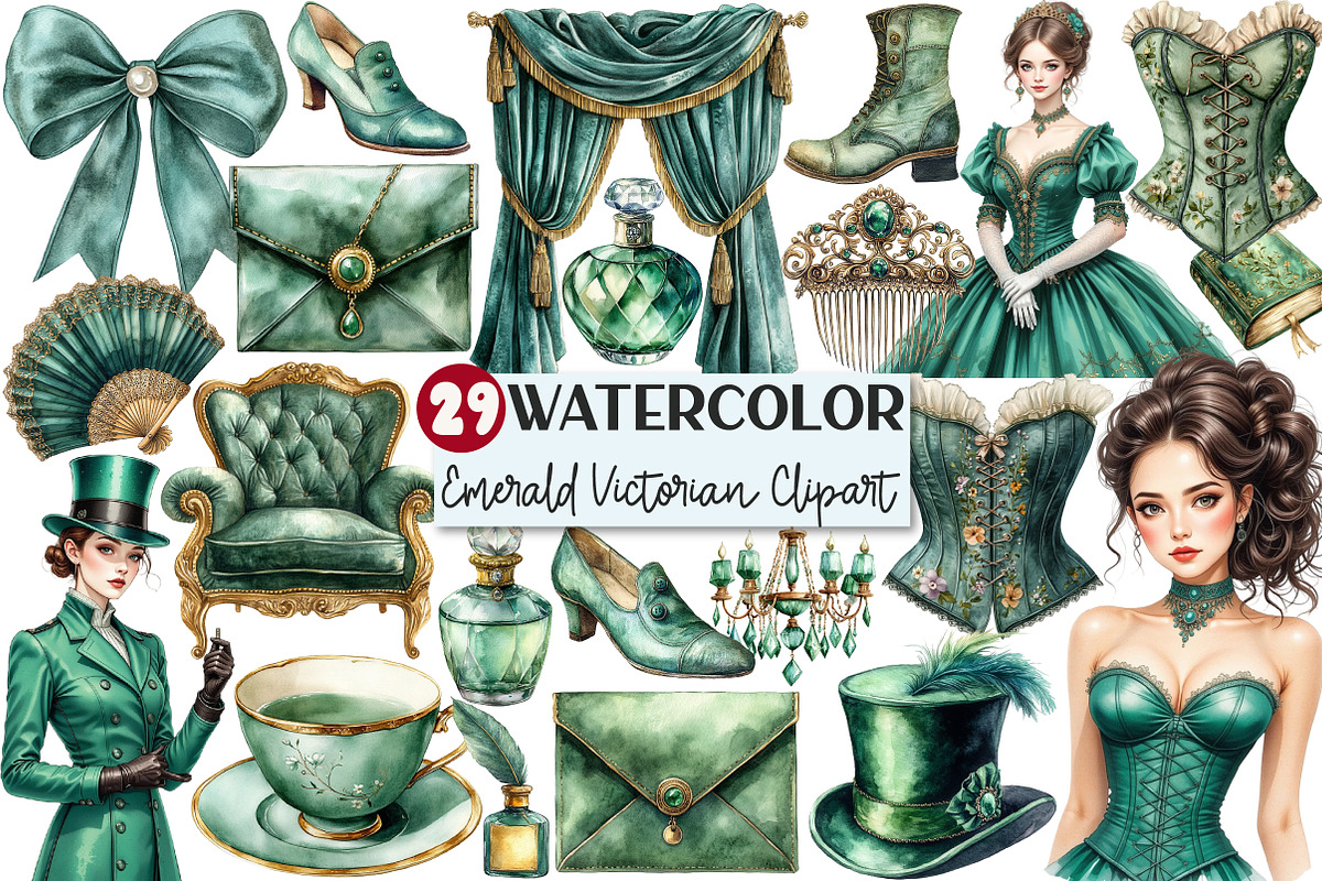 Watercolor Emerald Victorian Clipart, an Illustration by Rose Art (Photo 1 of 7)
