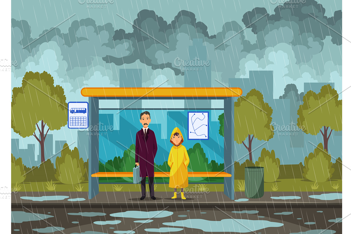 Rainy weather bus stop. Men and, an Object Illustration by the8monkey