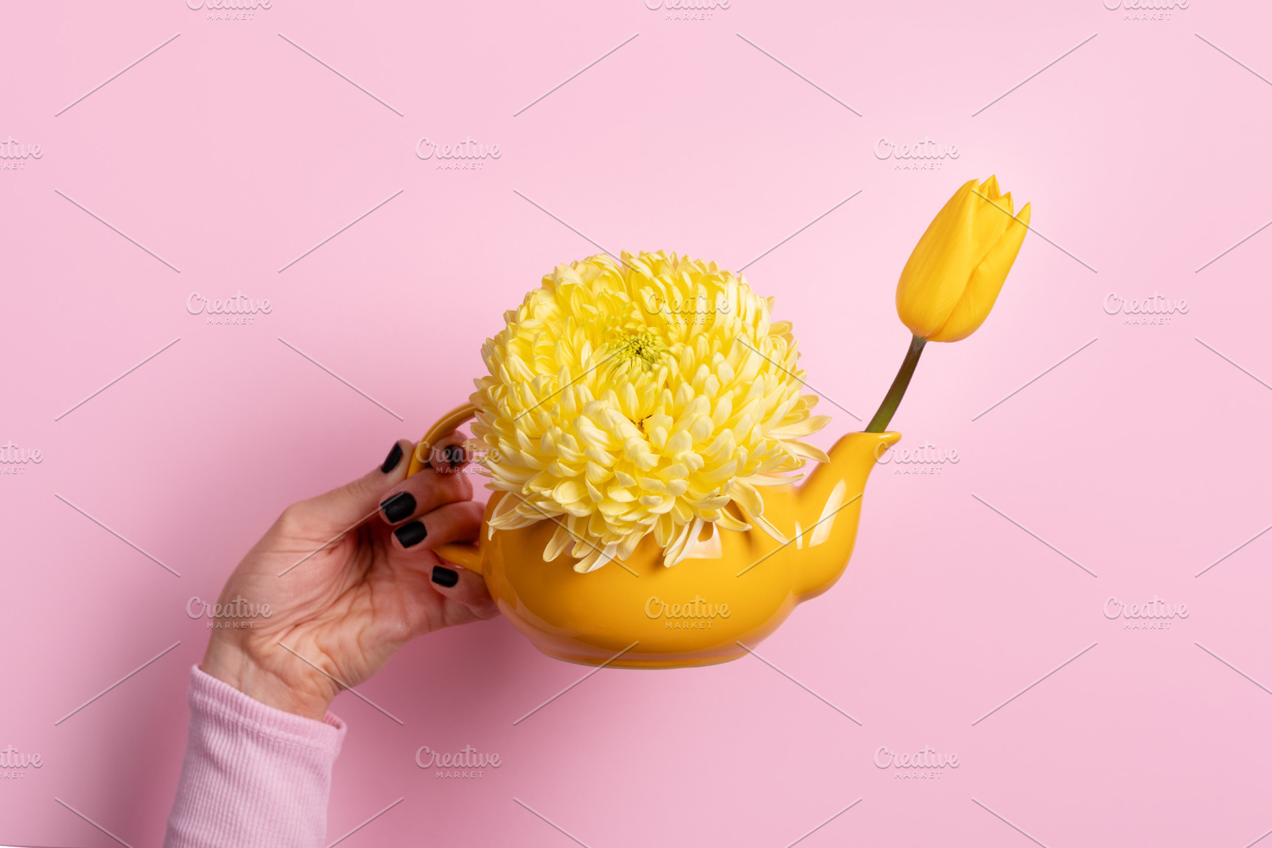 Hand holding a yellow teapot with a chrysanthemum and tulip agai, a Food & Drink Photo by Ales Munt