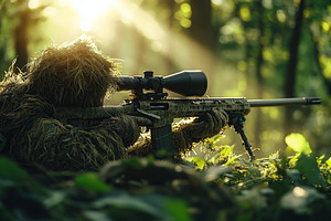 Sniper in full camouflage lying in wait among forest foliage during golden hour, a Photo by AlyaAnd