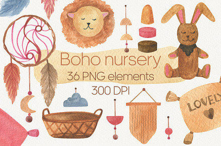 Boho nursery watercolor clipart