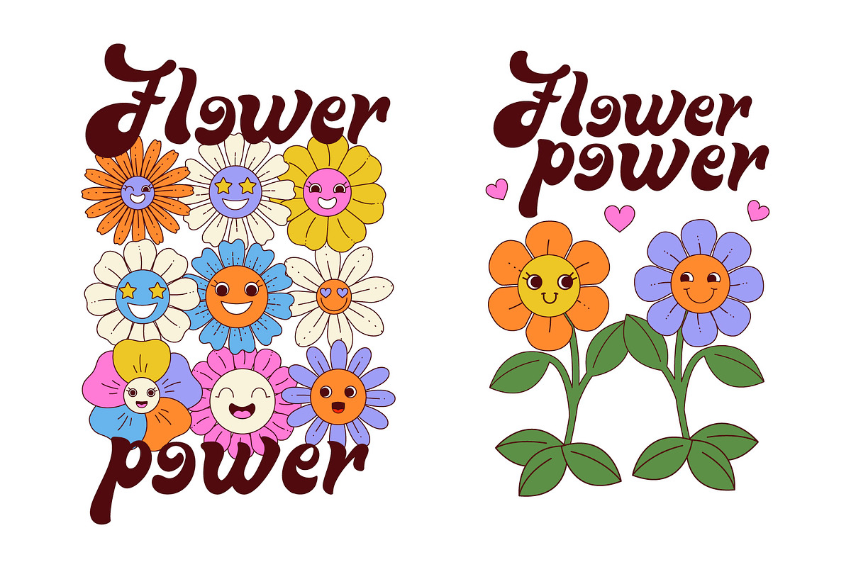 Groovy flowers with cartoon face, a Decorative Illustration by Lettering_Logo (Photo 4 of 5)