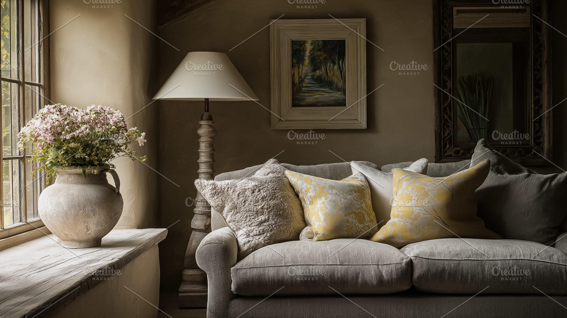 Rustic living room design with a textured sofa, yellow and beige throw pillows,, an Architecture Photo by Studio ANNA