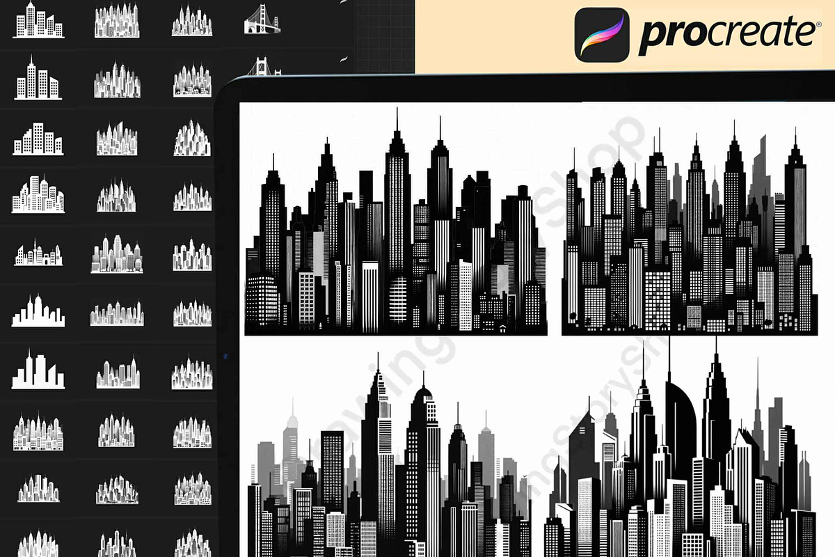 100+ Procreate City Scape Stamps, a Brush Add-On by DrawingStoryShop