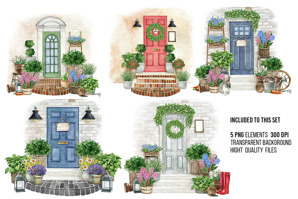 Watercolor spring front door clipart, an Object Illustration by yana.fefelova (Photo 2 of 4)