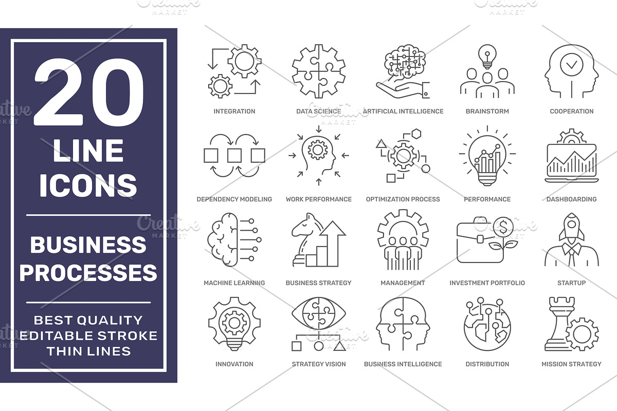 Set of 20 line icons for business, a Technology Illustration by defmorph