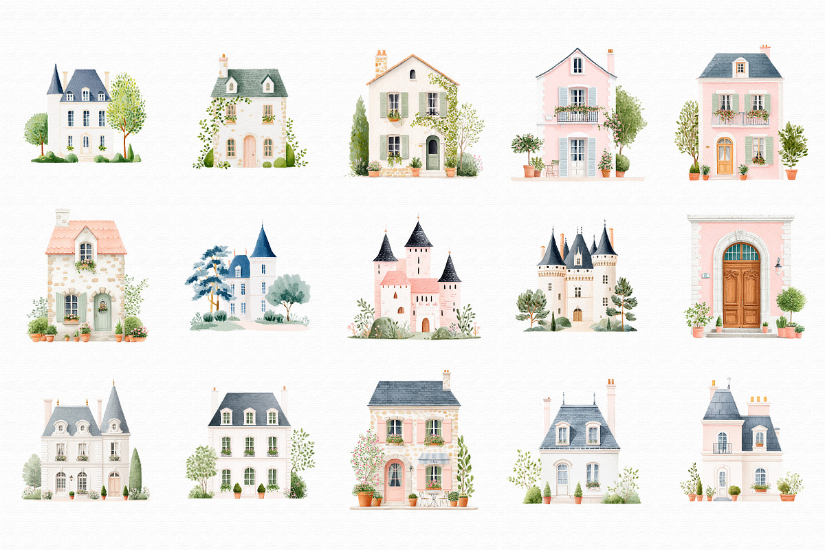 French Chateau Watercolor Clipart, an Illustration by Libby Wishes (Photo 2 of 7)