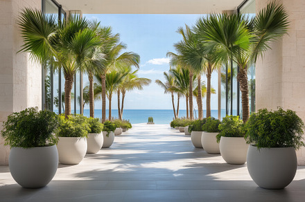 A serene pathway lined with palm trees and lush greenery, leading to a tranquil, an Arts & Entertainment Photo by Textures & Backgrounds