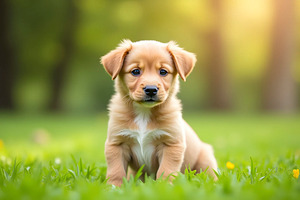 Adorable Puppy Sitting On Grass In P, a Photo by LOGOCREATIVE