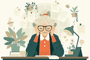 Stressed working woman surrounded by office plants and scattered papers, a Photo by AS photostudio
