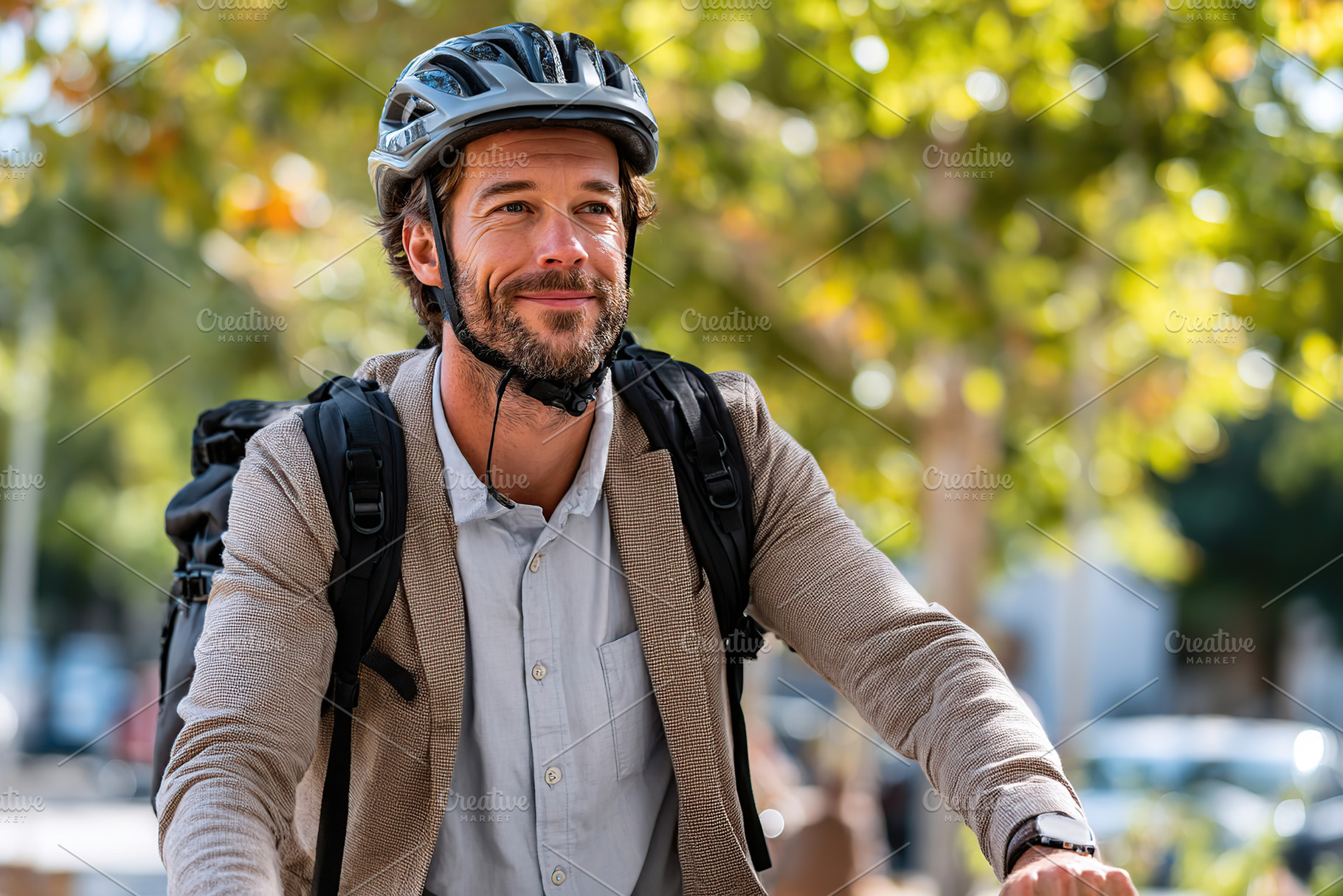 Man biking to work in a leafy park on a sunny morning while wearing a helmet, a Person Photo by AlyaAnd
