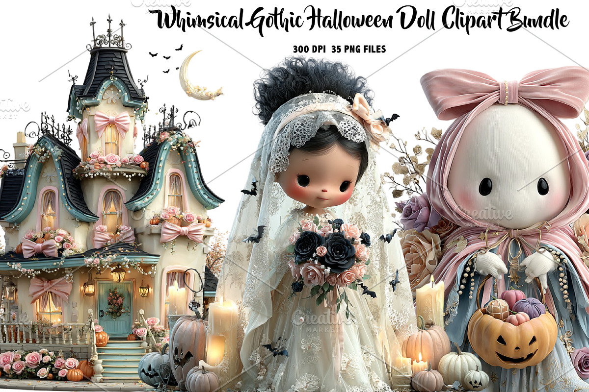 Whimsical Gothic Halloween Doll, a Seasonal Illustration by CreationArt (Photo 1 of 7)