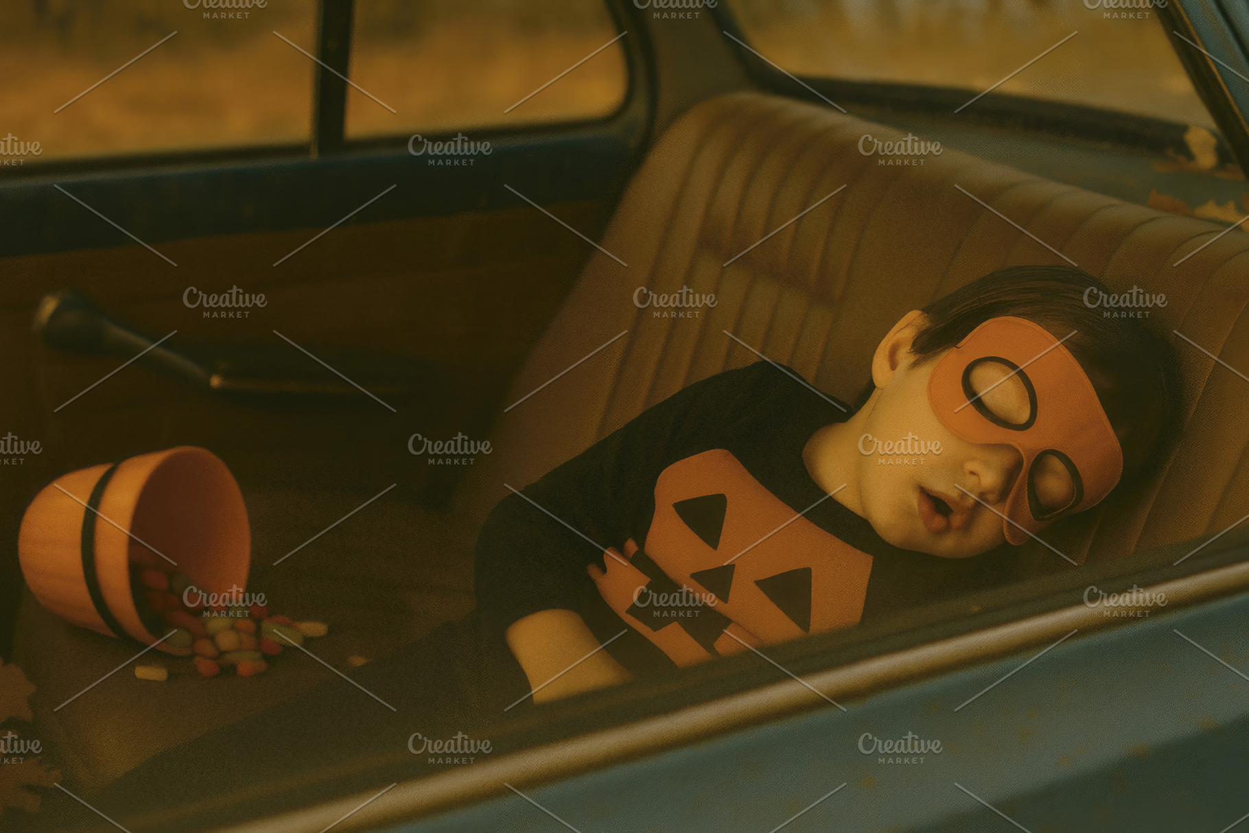 child asleep in costume in car, generative AI, a Photo by Nito