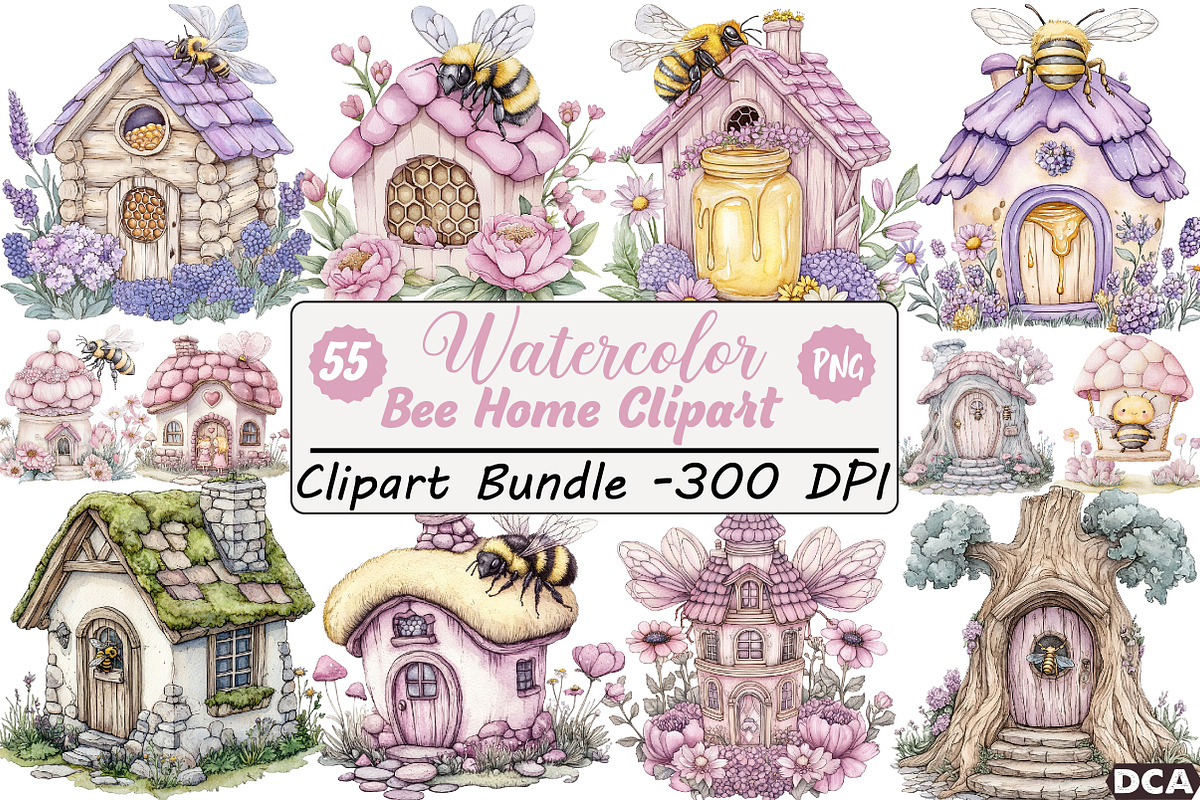 Watercolor Bee Home Clipart, an Illustration by DreamCafeArt (Photo 1 of 9)