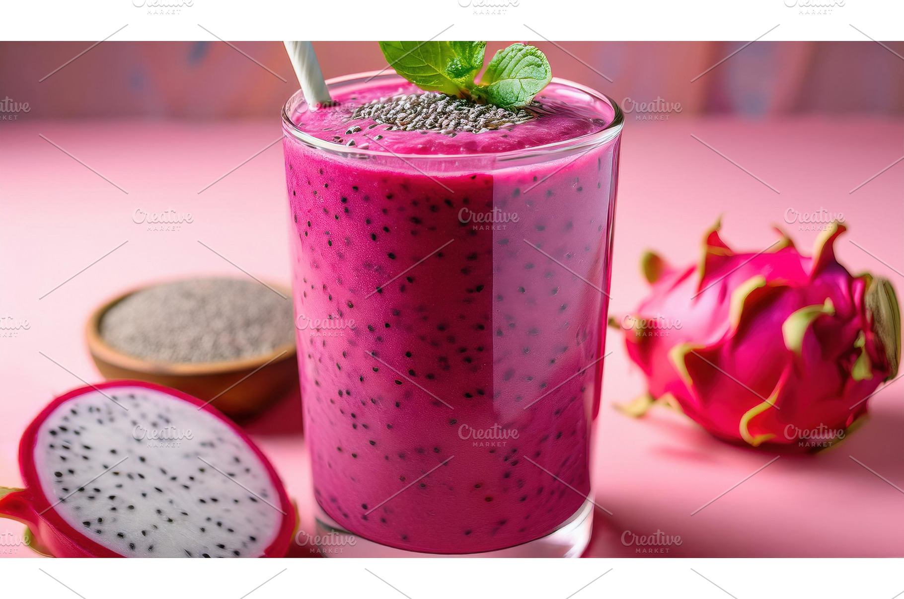 A pink dragon fruit smoothie topped, a Food & Drink Photo by Igor Tichonow