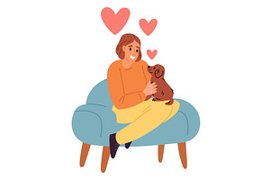 Happy girl hugs little puppy while, an Animal Illustration by Vectorbuum