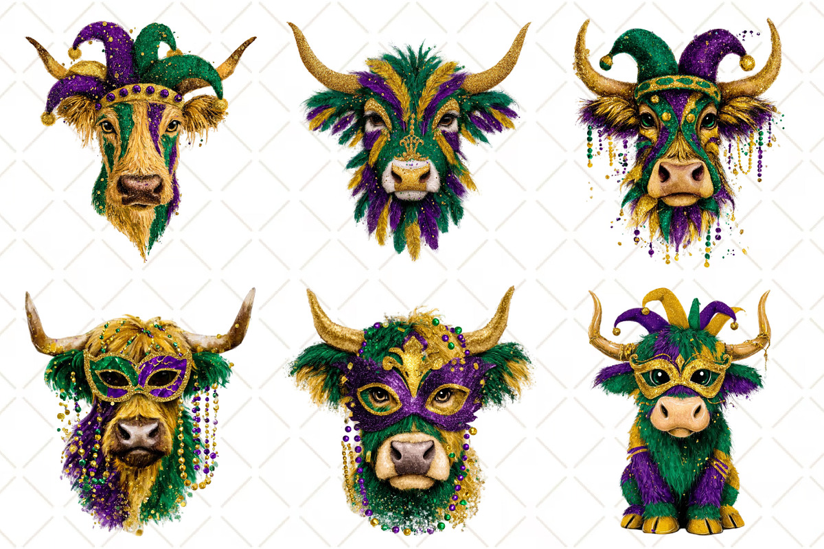 Cute Mardi Gras Highland Cow Clipart, an Illustration by Black Bird Studio (Photo 4 of 6)