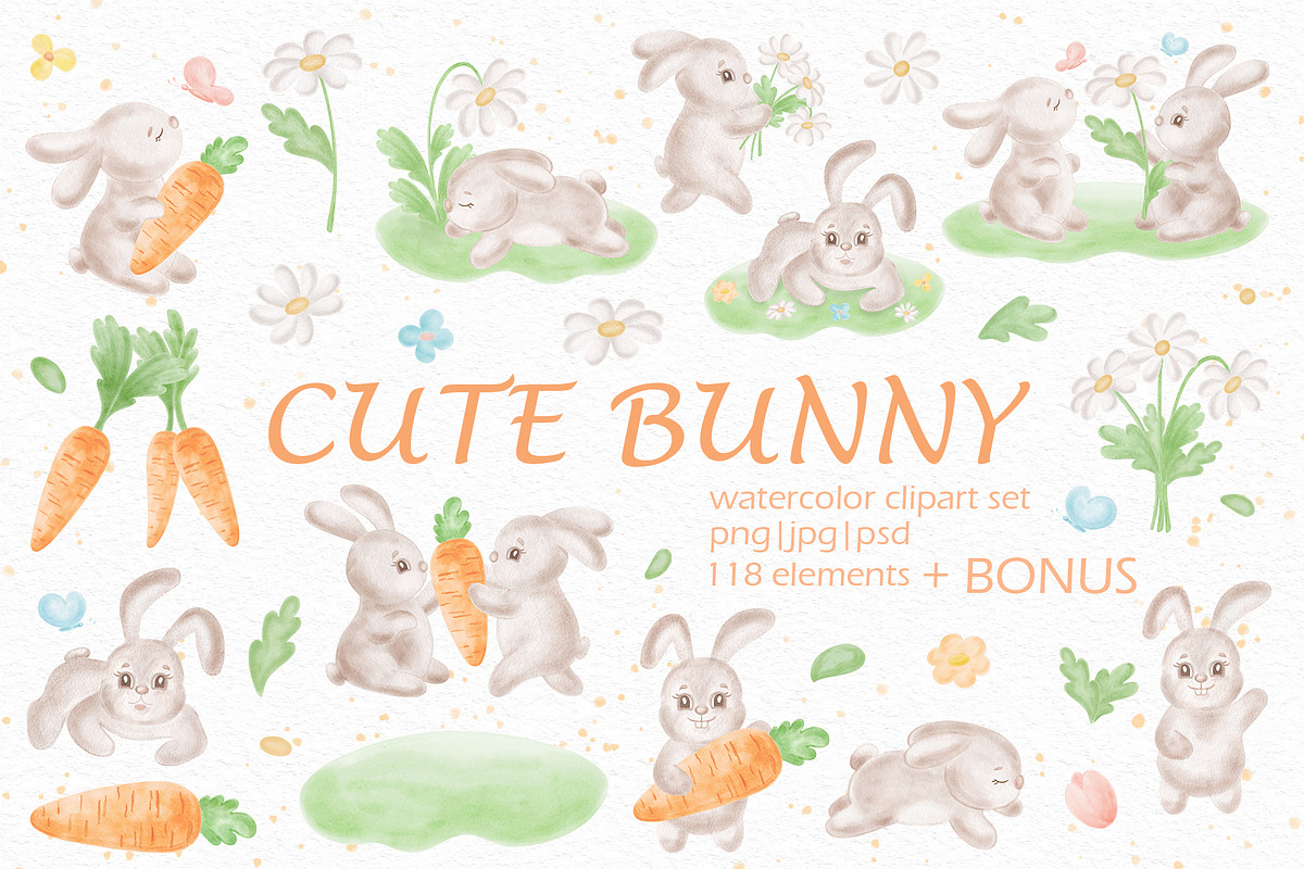 Cute bunny watercolor clipart set, an Illustration by susie-p-art (Photo 1 of 16)
