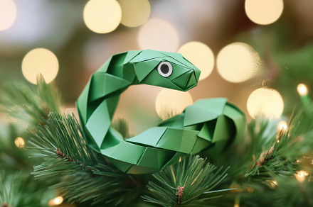A green origami snake with a googly eye, resting on a pine branch with blurred, an Arts & Entertainment Photo by Textures & Backgrounds