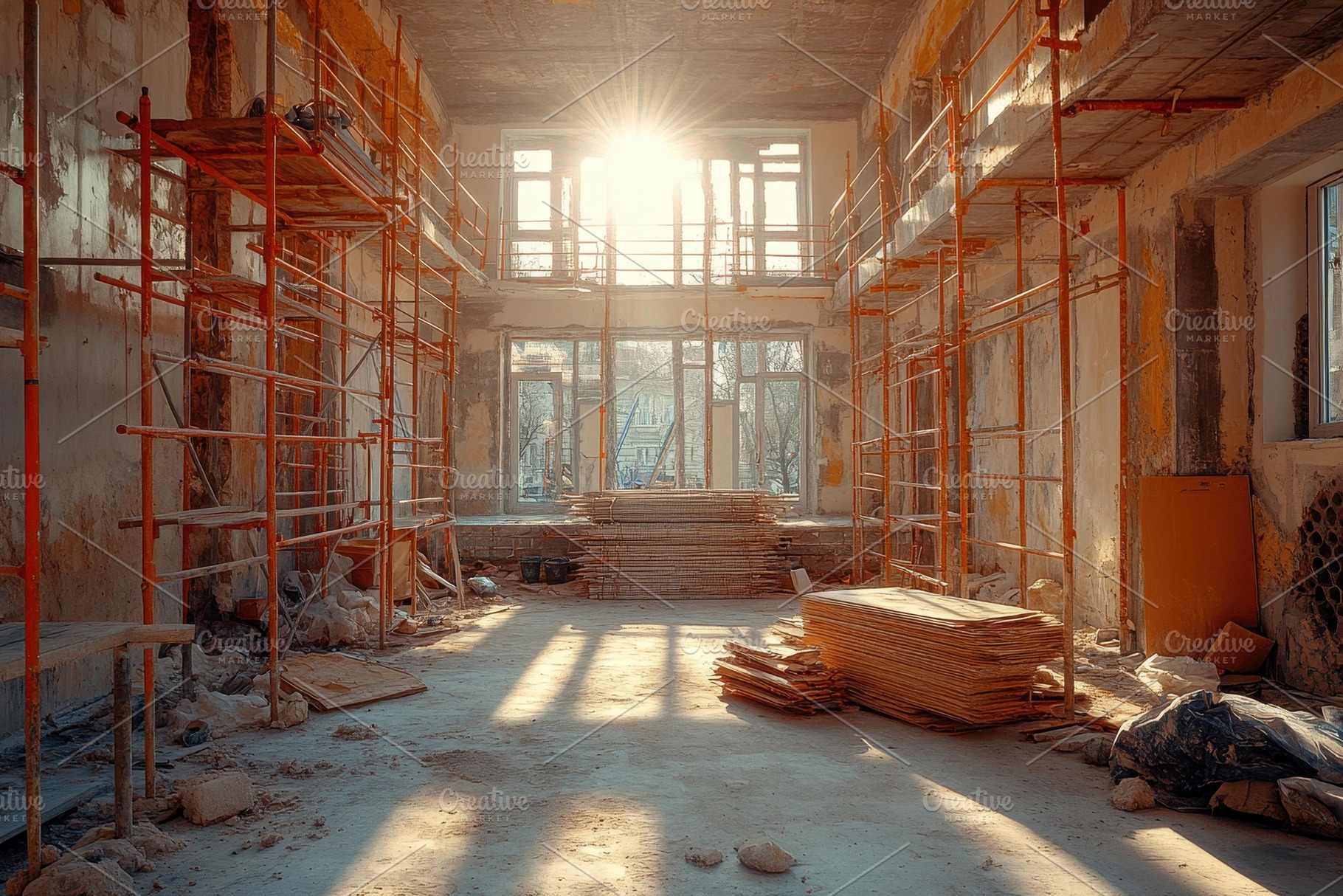 Renovation work in a bright indoor s, a Photo by Tanuart