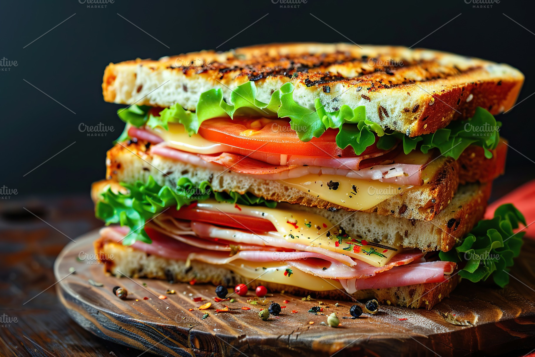 Toast sandwich with cheese, turkey ham, tomato and fresh lettuce on wooden back, a Food & Drink Photo by AlyaAnd