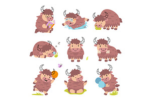 Cartoon yak. Funny yaks in different, an Animal Illustration by Valerie Bodnar