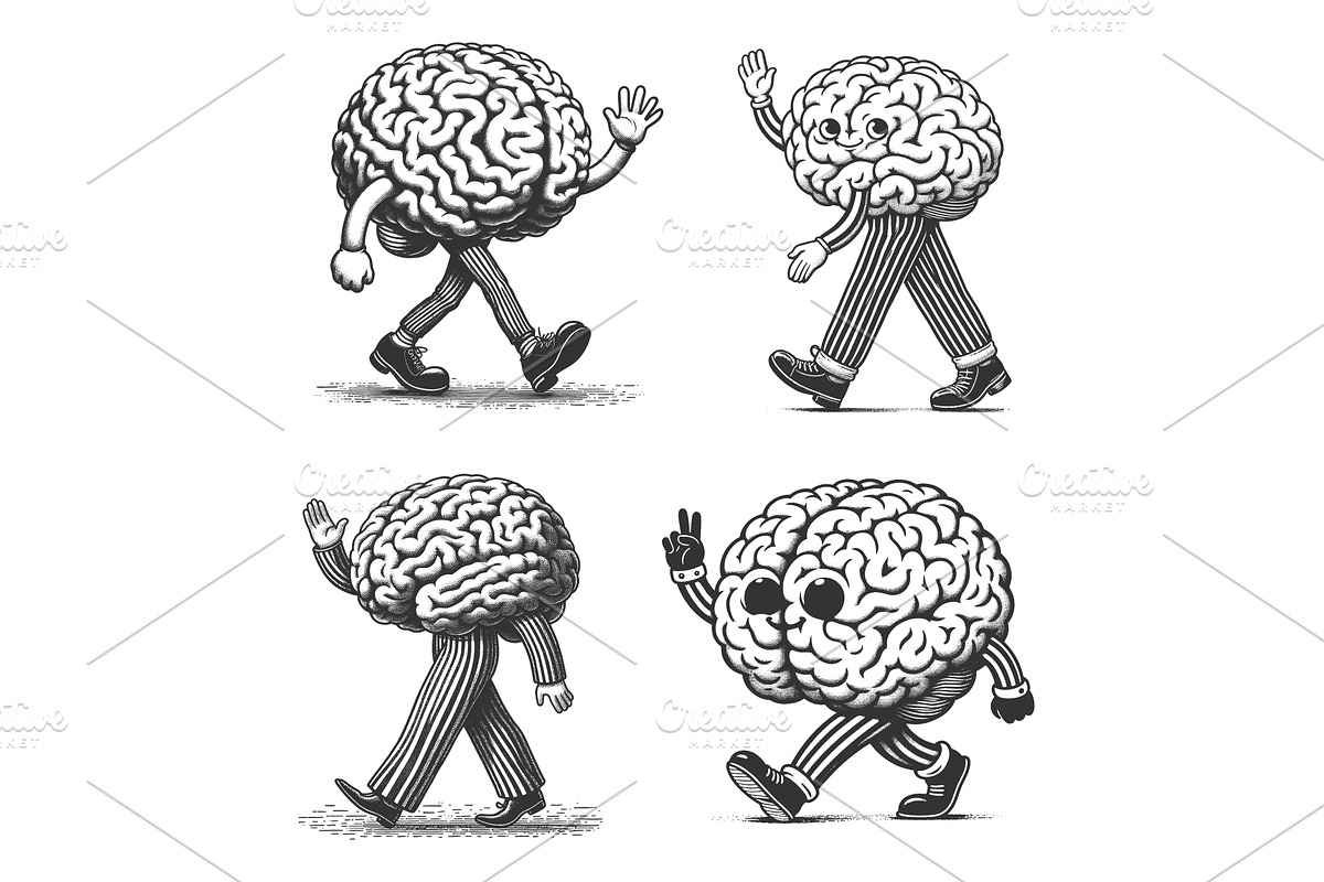 Cartoon Brains Walking and Waving, a Person Illustration by AlexArt