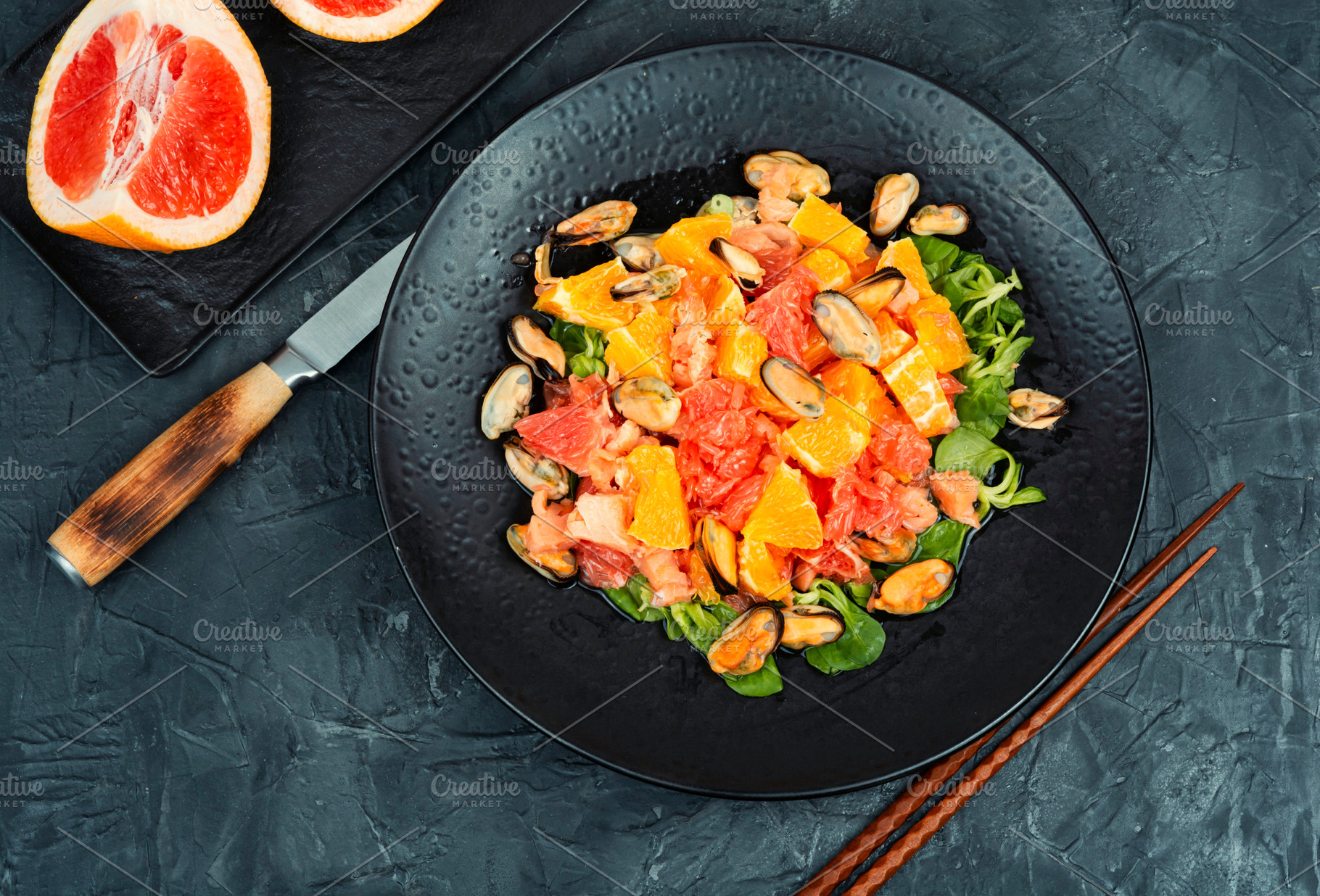 Seafood salad with grapefruit, a Food & Drink Photo by MLunov MLunov
