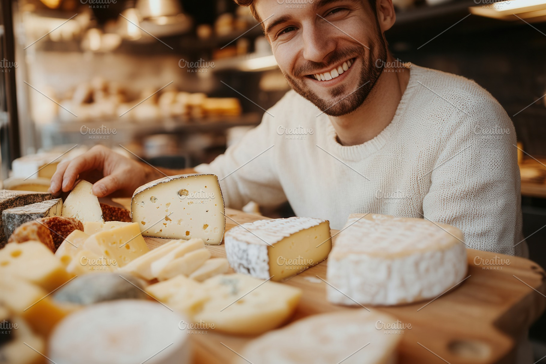 Young man enjoys cheese tasting, a Photo by Pavel_design